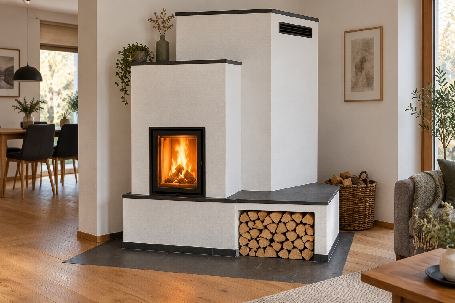 Verputzter Warmluftofen mit hochformatiger Feuerraumtür, oberem Luftgitter und Holzfach – KI-Gestaltungsbeispiel
